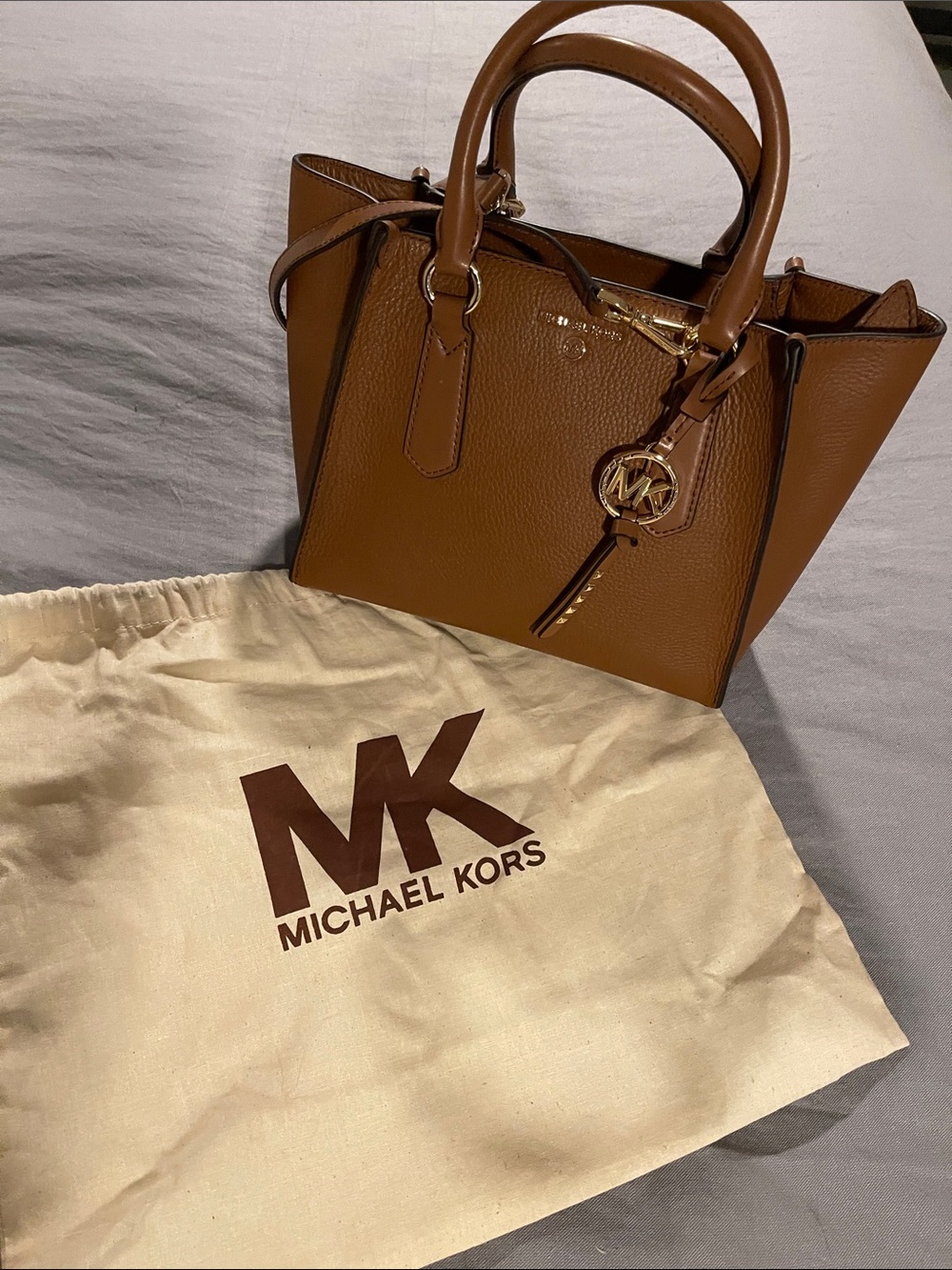Michael Kors Cognac Brown Leather Satchel with MK Charm